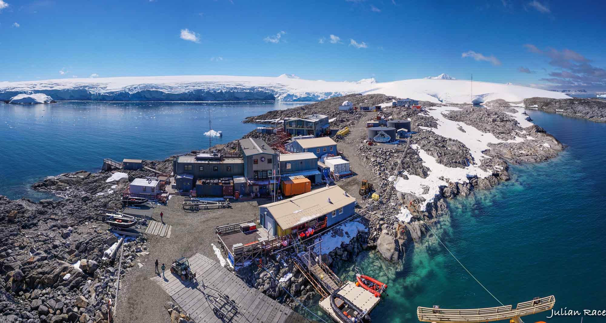 An aerial view of Palmer Station in Antarctica.