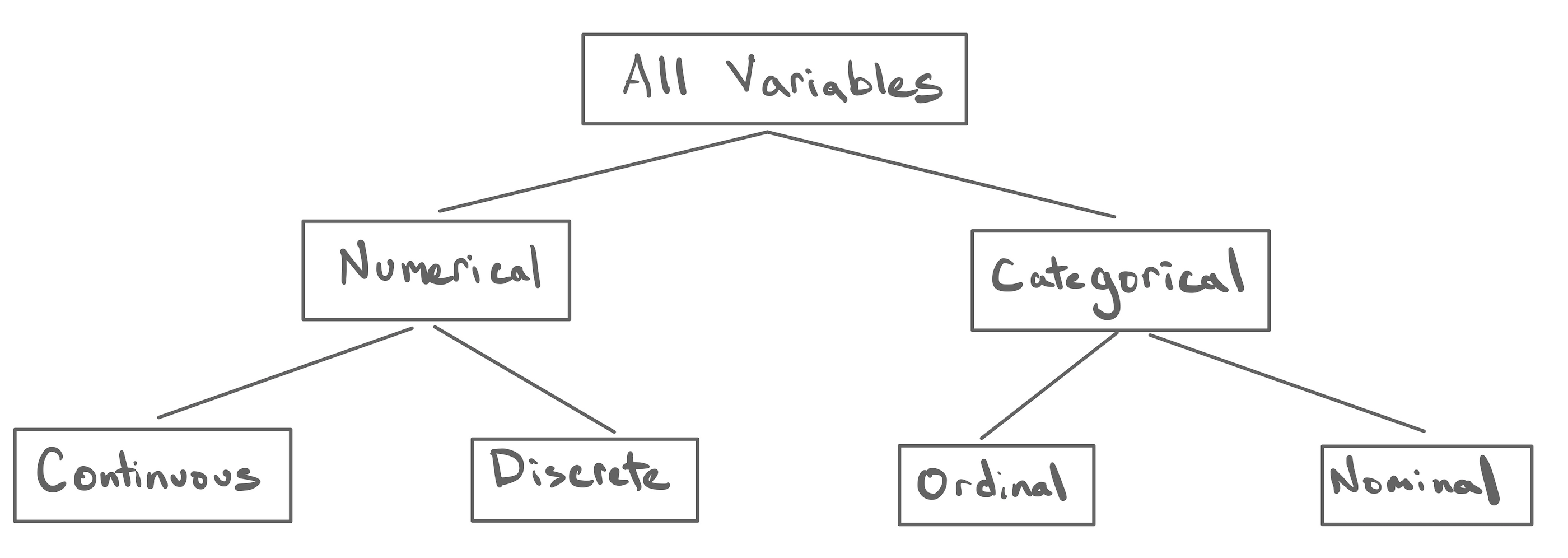 The Taxonomy of Data, showing the two main branches of numerical categorical variables. Numerical varibles can be split into continuous and discrete variables. Categorical variables can be split into ordinal and nominal variables.
