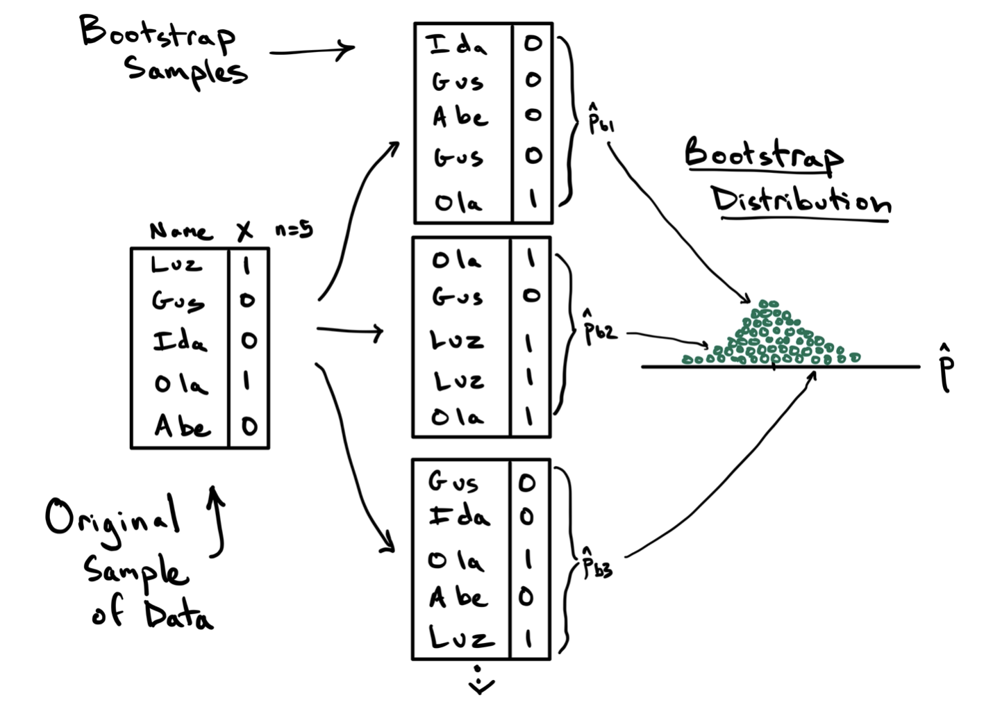 A diagram illustrating how to draw three bootstrap samples of size n=5 with replacement from a sample of size n=5 and form a sampling distribution of the sample proportion.